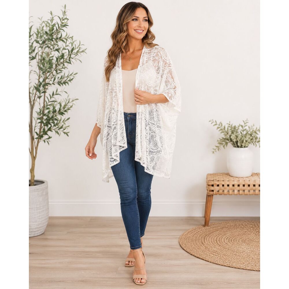 Mauve Ivory Lace Kimono L Cardigan Open Front Boho Sheer Paisley Cover Up E3
